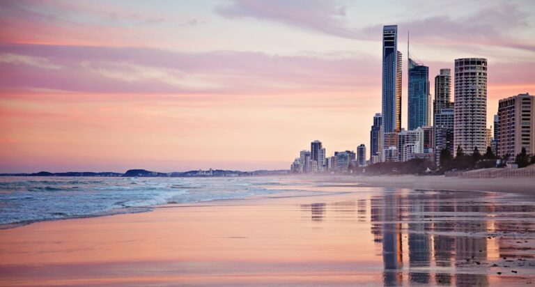 A photograph shot of the beach at Gold Coast during sunset.
